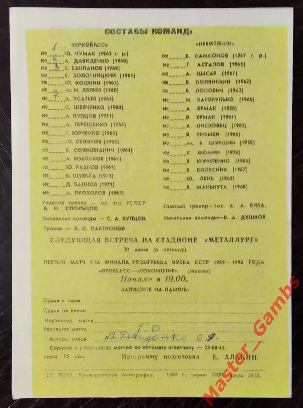 Кривбасс Кривой Рог - Нефтяник Ахтырка 1989 1