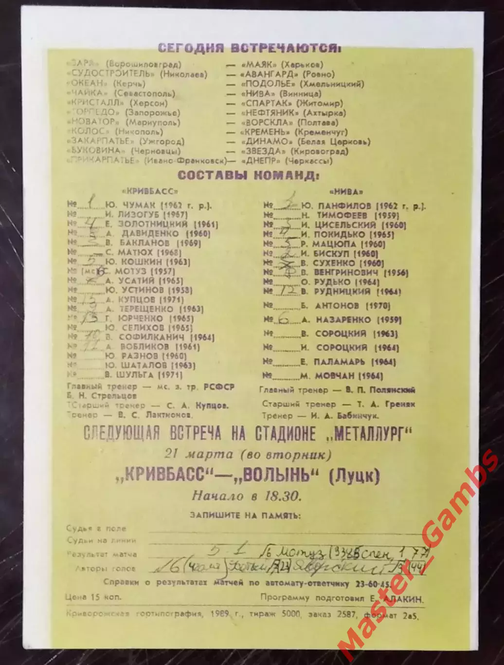 Кривбасс Кривой Рог - Нива Тернополь 1989 1