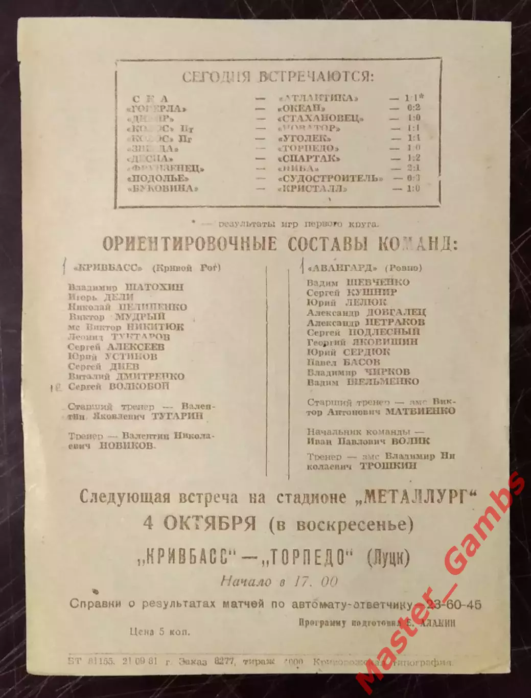 Кривбасс Кривой Рог - Авангард Ровно 1981 1