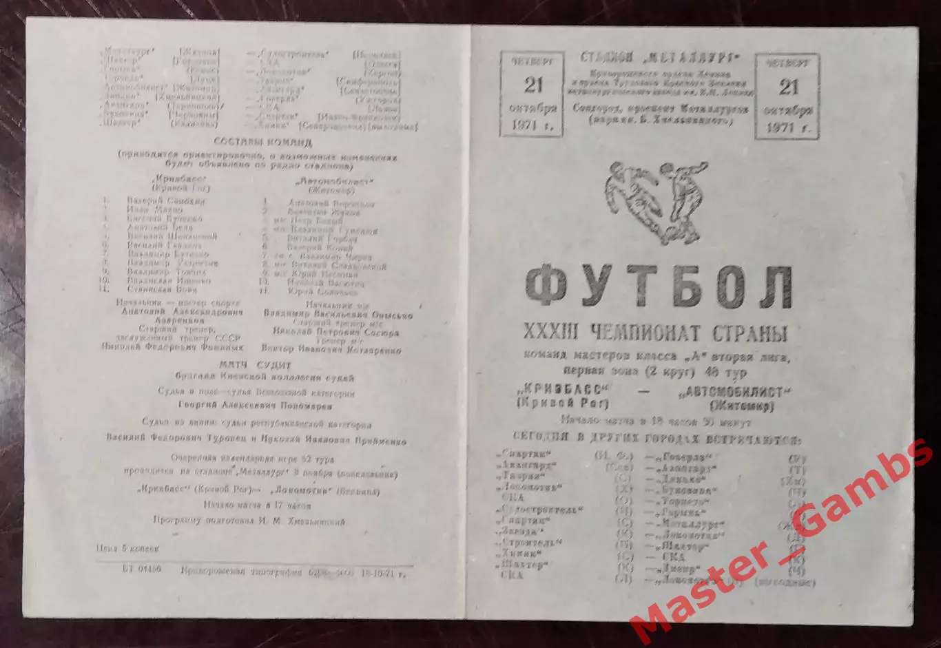 Кривбасс Кривой Рог - Автомобилист Житомир 1971