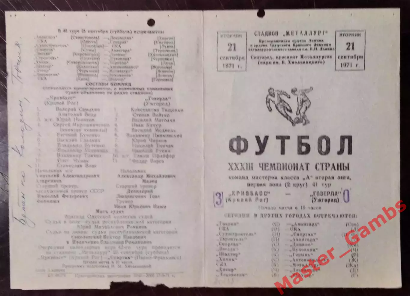 Кривбасс Кривой Рог - Говерла Ужгород 1971