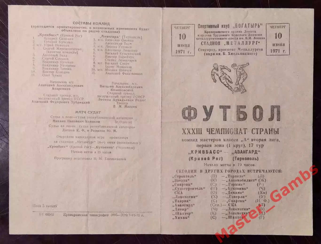 Кривбасс Кривой Рог - Авангард Тернополь 1971