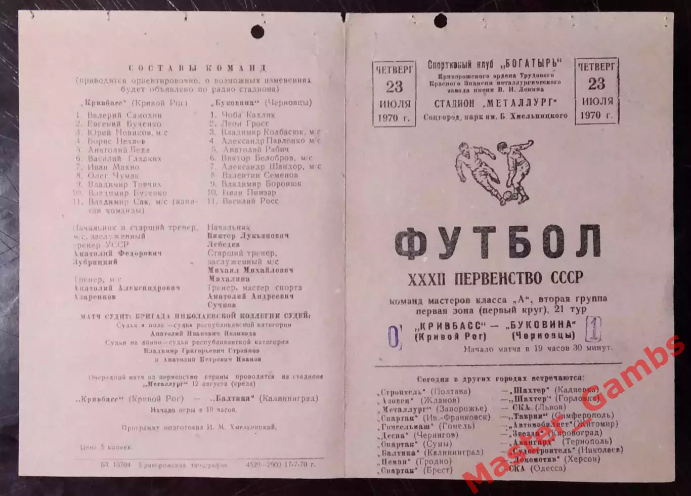 Кривбасс Кривой Рог - Буковина Черновцы 1970