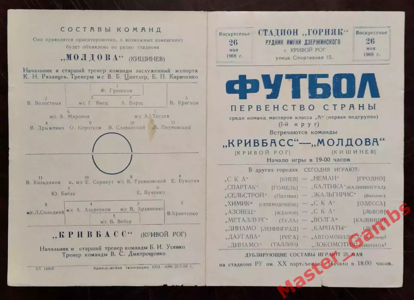 Кривбасс Кривой Рог - Молдова Кишинев 1968