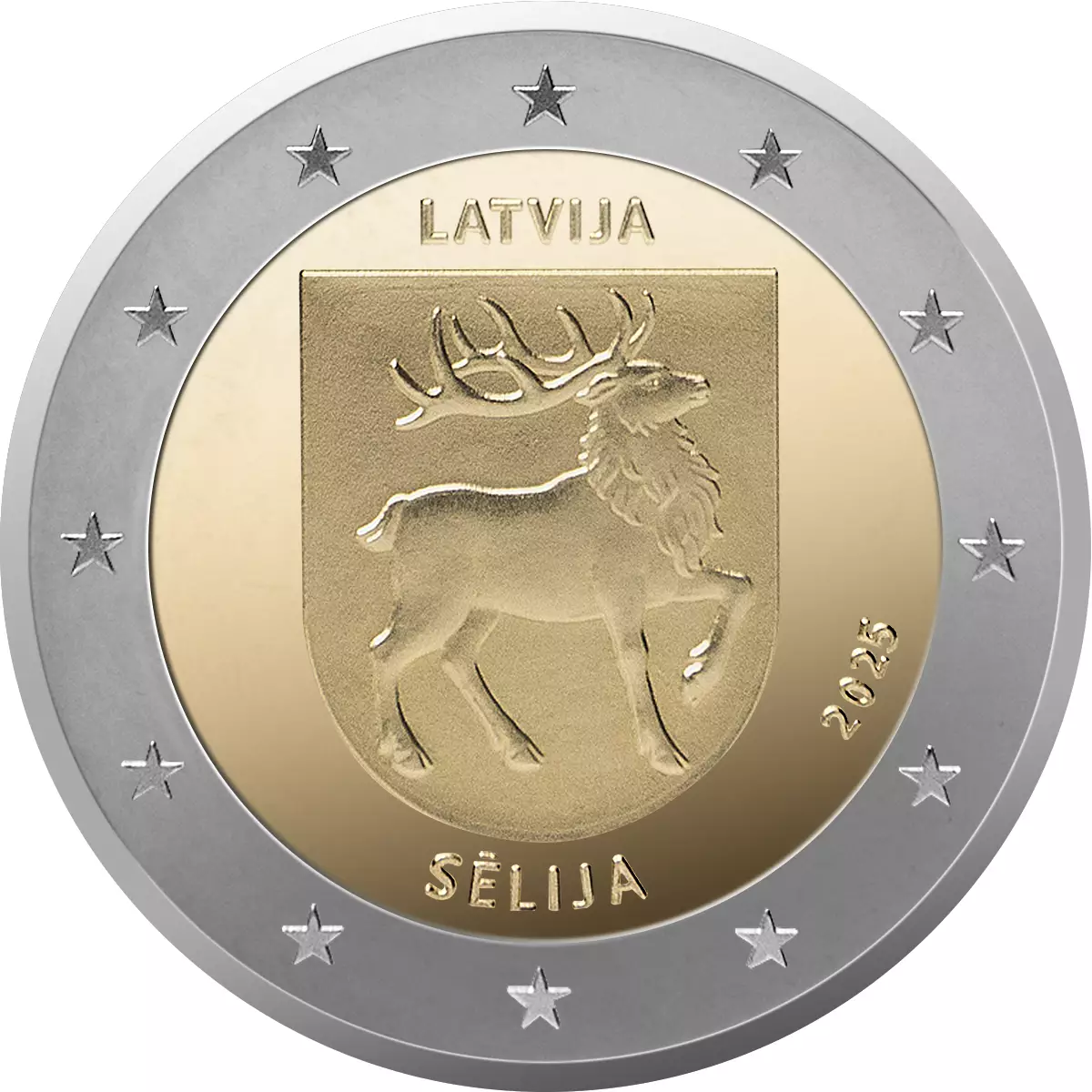 Латвия. 2 евро.2025 .Герб.Лось. Состояние UNC ( из банковского рула).