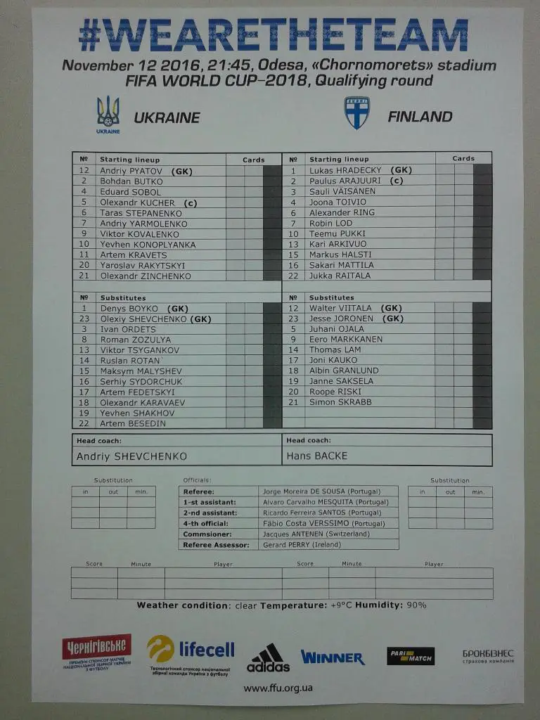 Пресс-лист Украина - Финляндия (анг. язык). 12.11.2016. Отборочный матч ЧМ 2018
