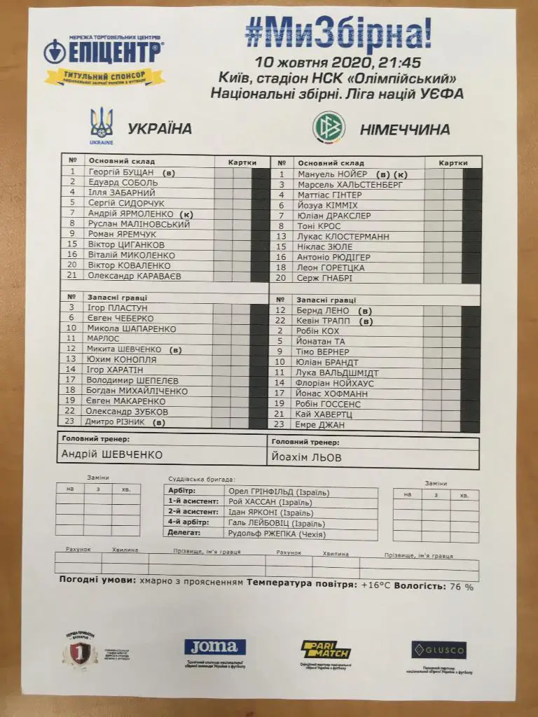 Пресс-лист Украина - Германия. 10.10.2020. Лига наций 2020