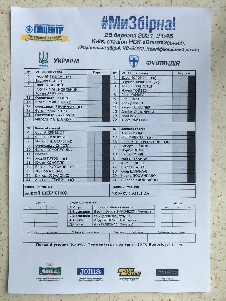 Пресс-лист Украина - Финляндия. 27.03.2021.