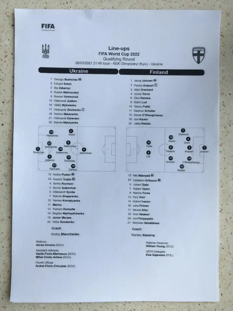 Пресс-лист Украина - Финляндия. 27.03.2021.