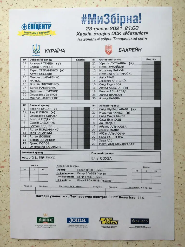 Пресс-лист Украина - Бахрейн. 23.05.2021. Товарищеский матч