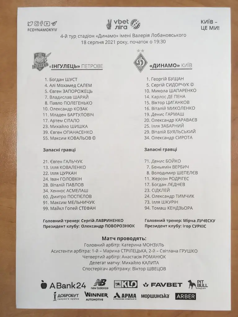 Пресс-лист Ингулец - Динамо Киев. 18.08.2021. Чемпионат Украины