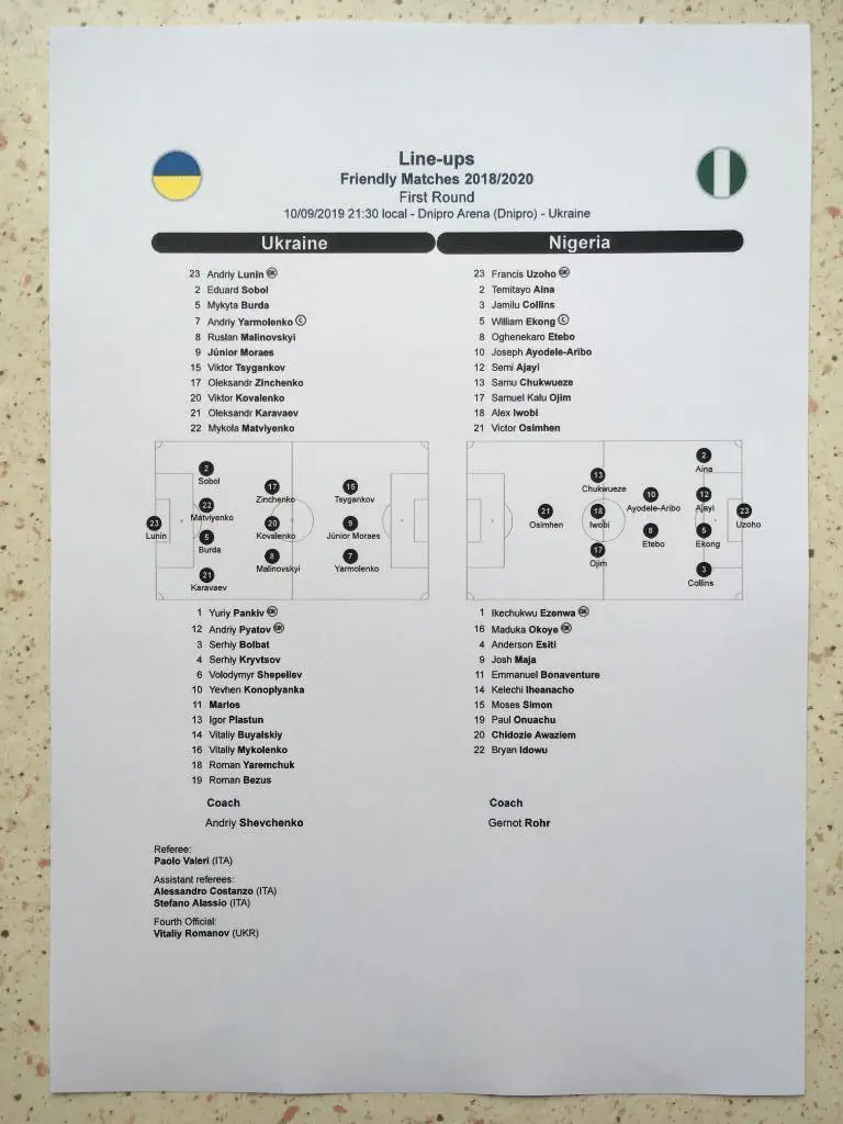 Пресс-лист Украина - Нигерия. 10.09.2019. Товарищеский матч (анг. язык)