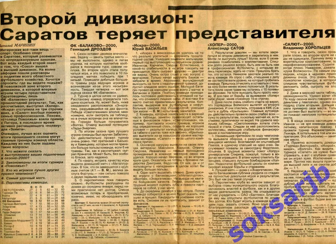 2000. Газетная статья. Второй дивизион. Саратов теряет представителя.