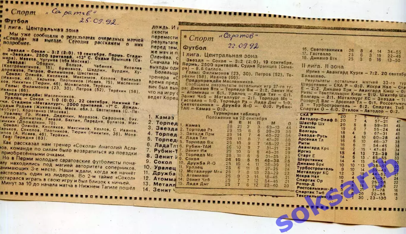 1992. Два Газетных отчета Звезда Пермь - Сокол Саратов.