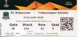 2019.11.07. Краснодар - Трабзонспор Турция. Билет.