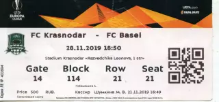 Краснодар - Базель Швейцария 28.11.2019 Билет