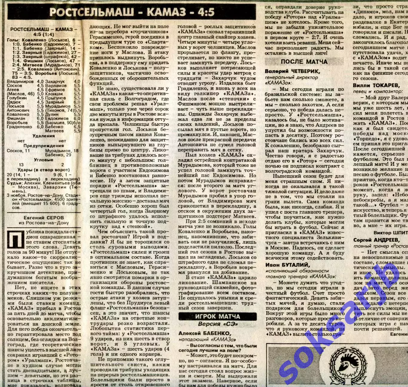 Газетный отчет матча 1996.11.03. Ростсельмаш Ростов-на-Дону - КАМАЗ Наб. Челны.