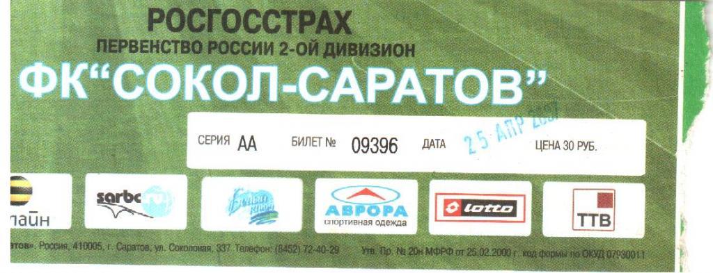 2007.04.25. Сокол-Саратов - Зенит Челябинск. Билет.