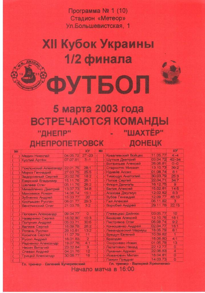 2003.03.05. Днепр Днепропетровск - Шахтер Донецк. Кубок Украины.