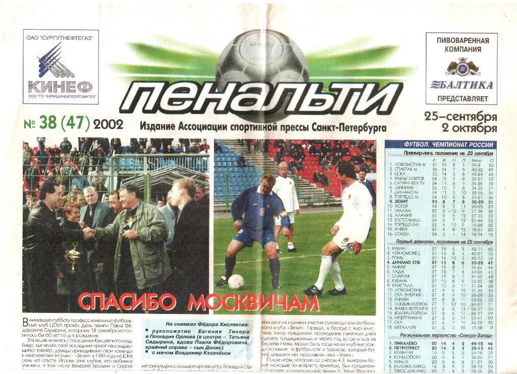 2002. Газета Пенальти. №38 (47). Санкт-Петербург.