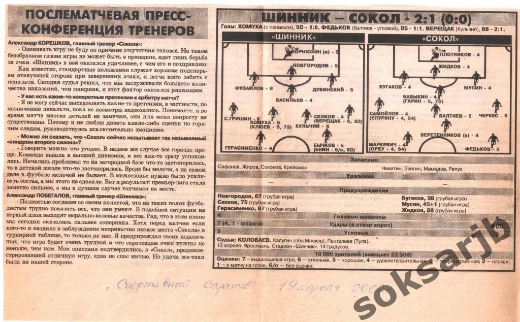 2002. Газетный статистический отчет Шинник Ярославль - Сокол Саратов 2-1.