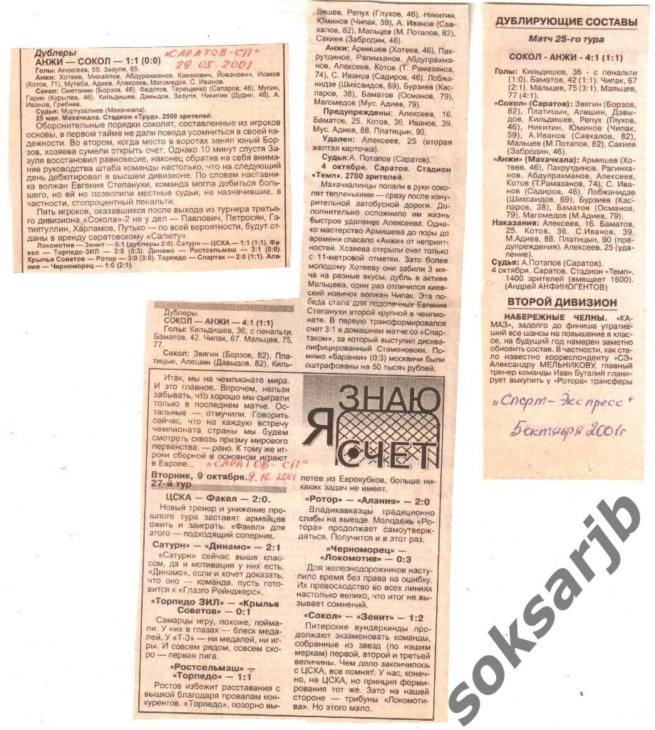 2001. Три отчета Сокол Саратов - Анжи Махачкала. Дублеры.