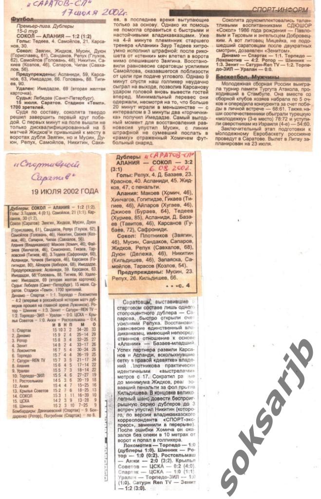 2002. Три отчета Сокол Саратов - Алания Владикавказ. Дублеры.