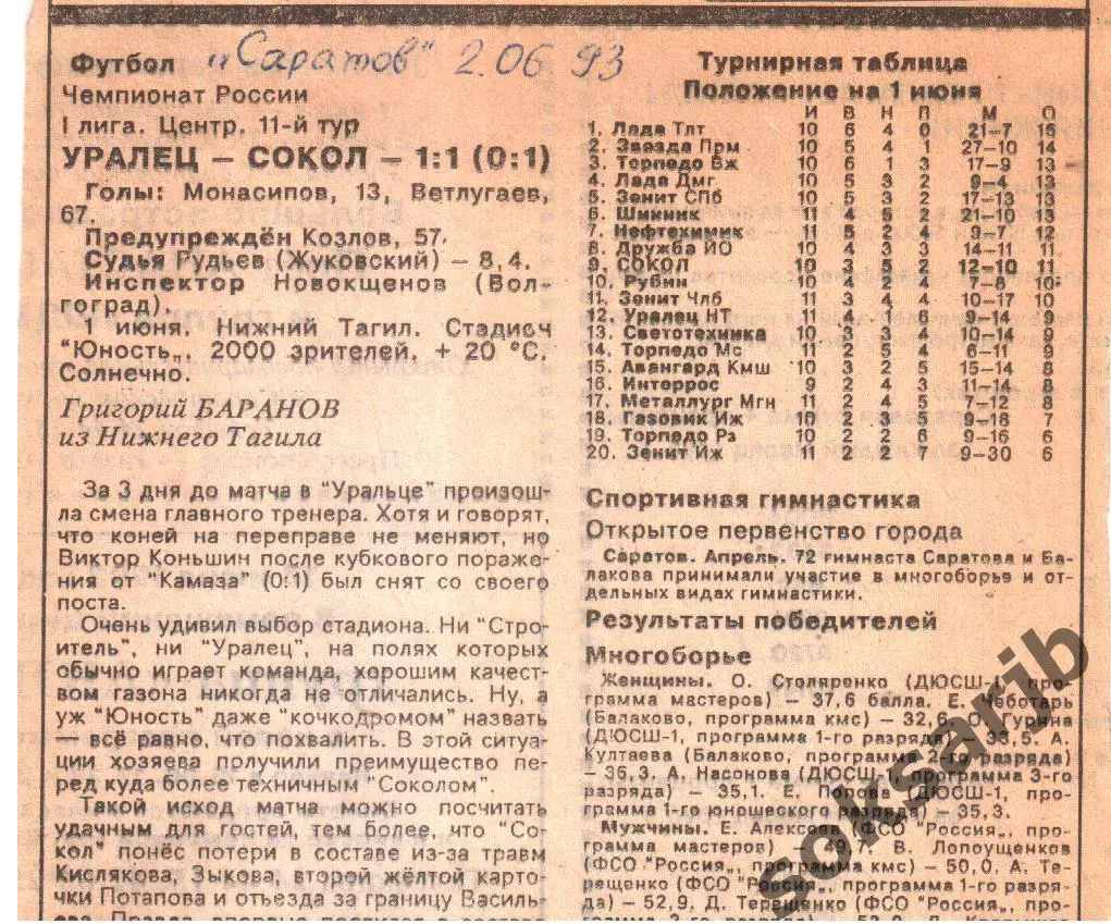 1993. Газетный отчет. Уралец Нижний Тагил - Сокол Саратов 1-1.