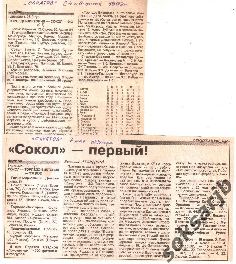 1999. два газетных отчета Сокол Саратов - Торпедо-Виктория Нижний Новгород.