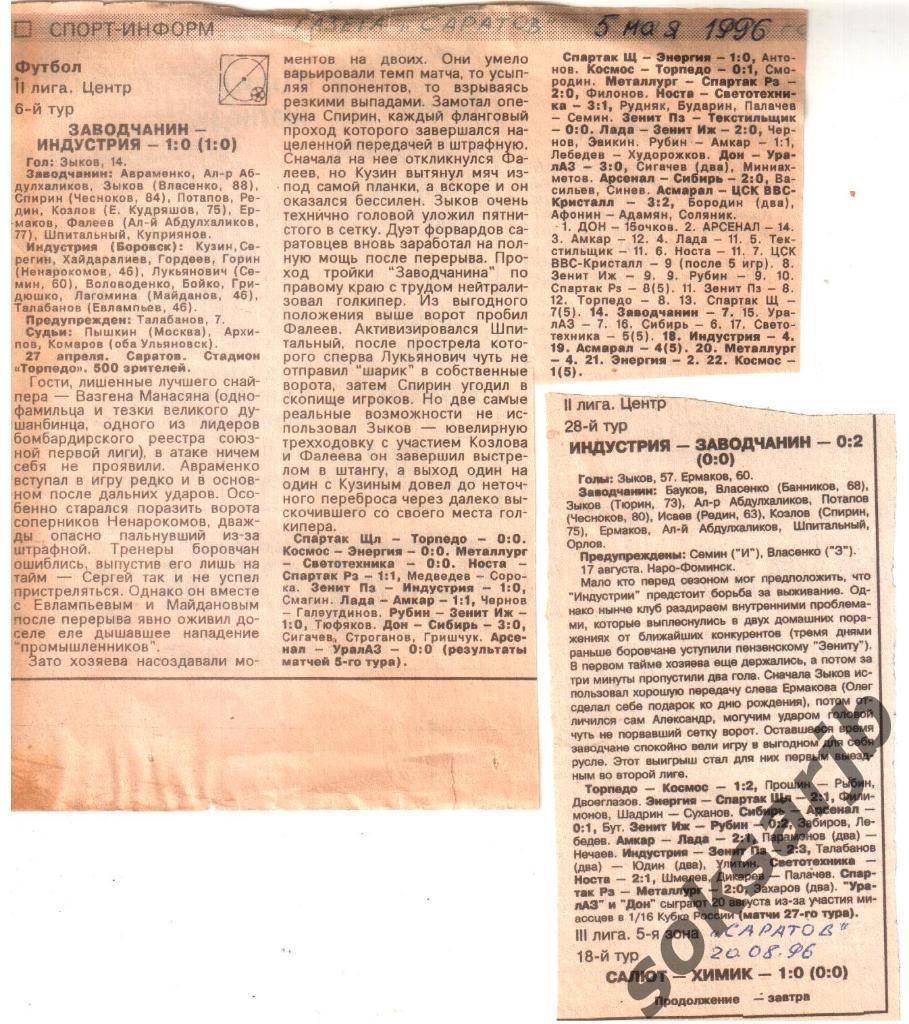 1996. Два газетных отчета. Заводчанин Саратов - Индустрия Боровск.