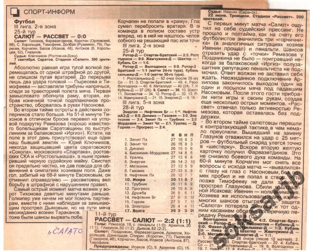 1997. Два газетных отчета Салют Саратов - Рассвет Троицкое.