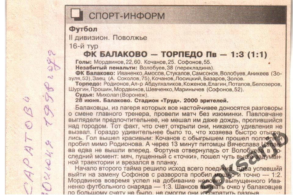 1998. Газетный отчет ФК Балаково - Торпедо Павлово.
