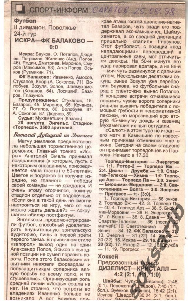 1998. Газетный отчет Искра Энгельс - ФК Балаково.