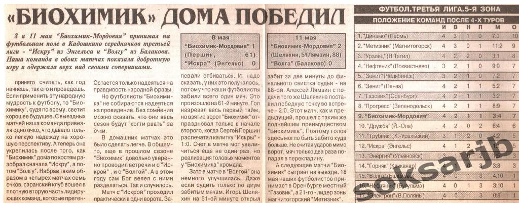 1998. Газетный отчет Биохимик-МордовияСаранск - Искра Энгельс+Волга Балаково.