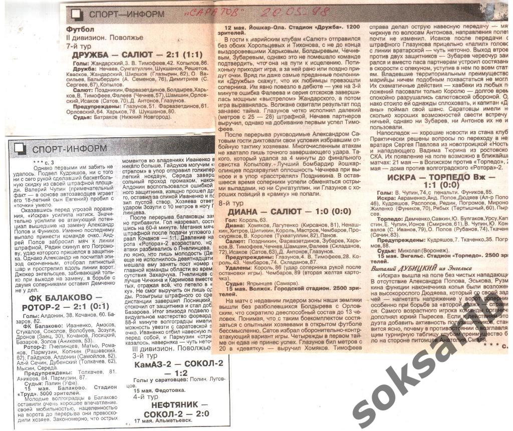 1998. Четыре статистических отчета саратовских клубов.