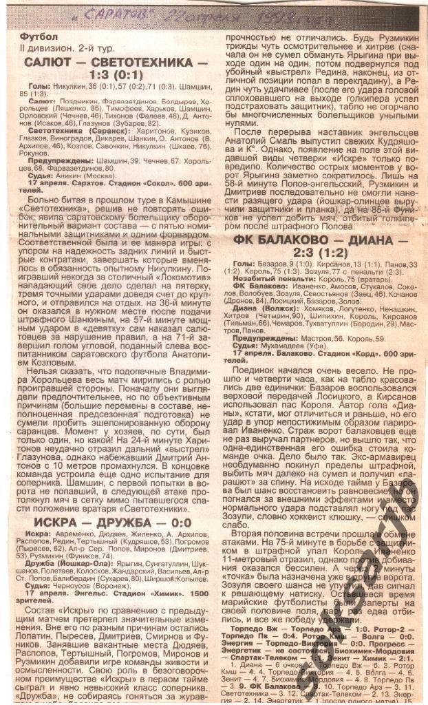 1998. Три статистических отчета саратовских клубов.