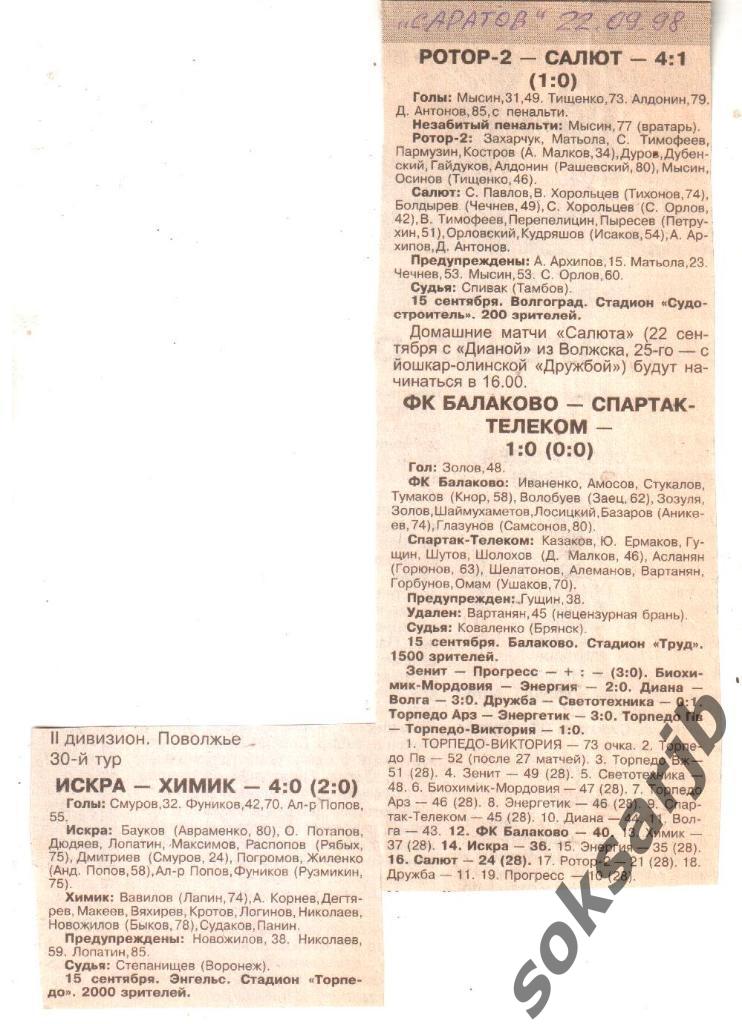1998. Три статистических отчета саратовских клубов.