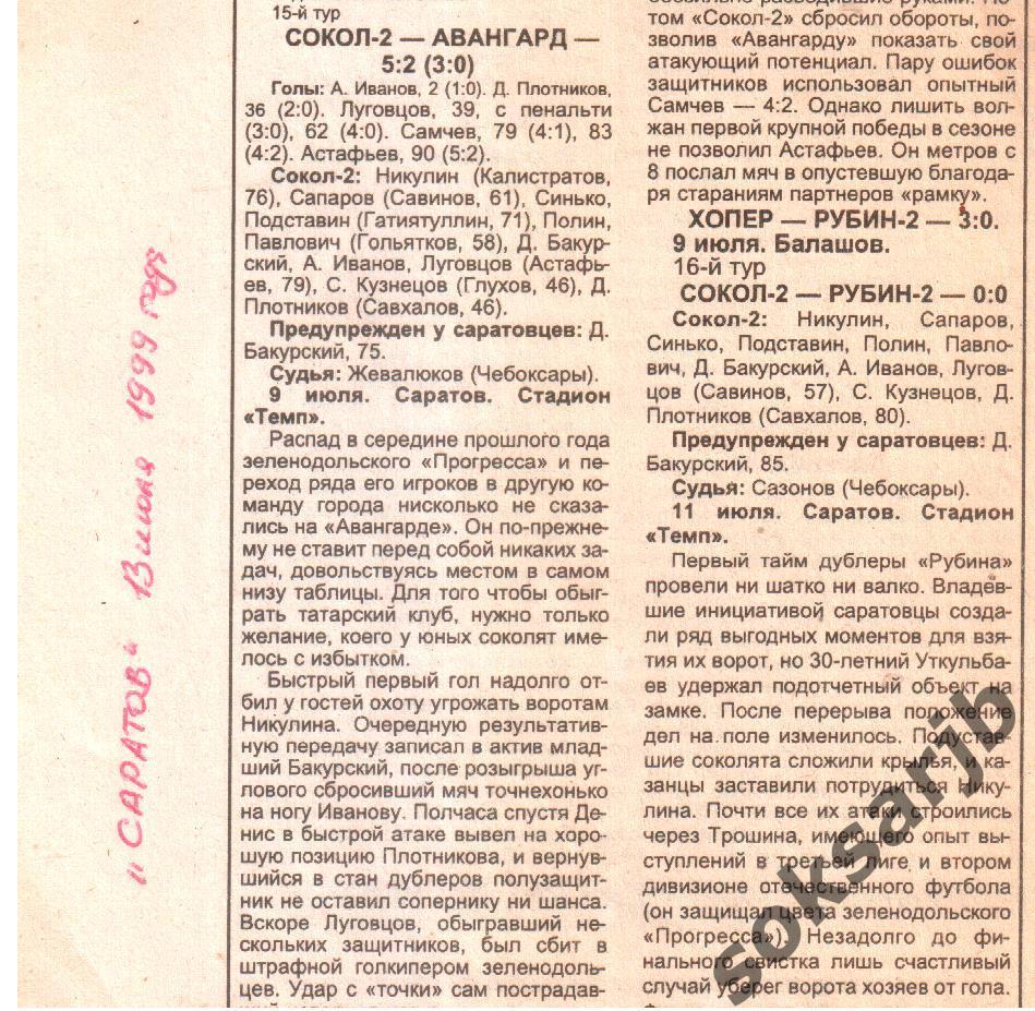 1999. Газетные отчеты Сокол-2 Саратов - Авангард Зеленодольск и Рубин-2 Казань.