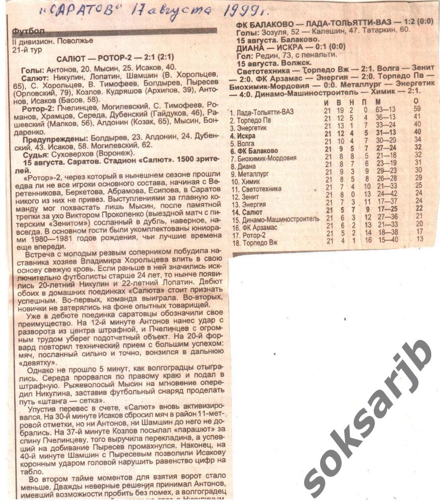 1999. Газетный отчет Салют Саратов - Ротор-2 Волгоград.