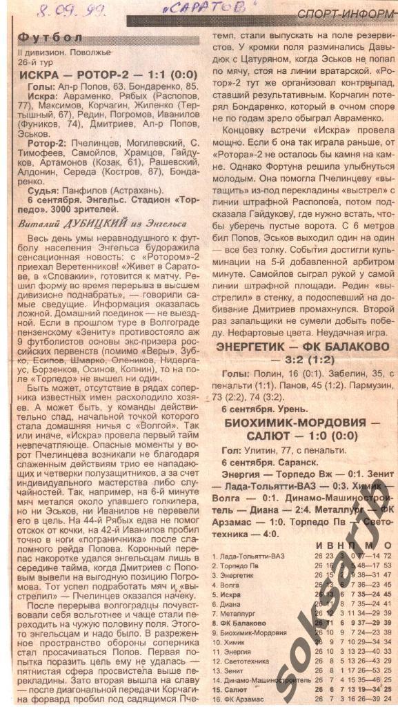 1999. Газетный отчет Искра Энгельс - Ротор-2 Волгоград.