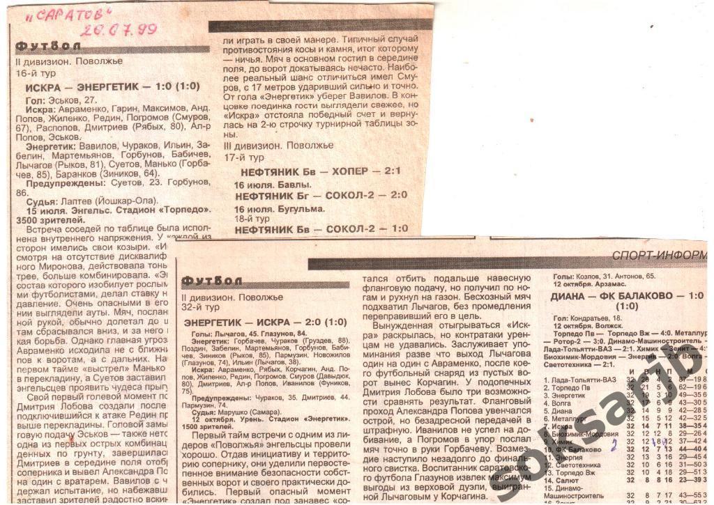 1999. Два газетных отчета Искра Энгельс - Энергетик Урень.