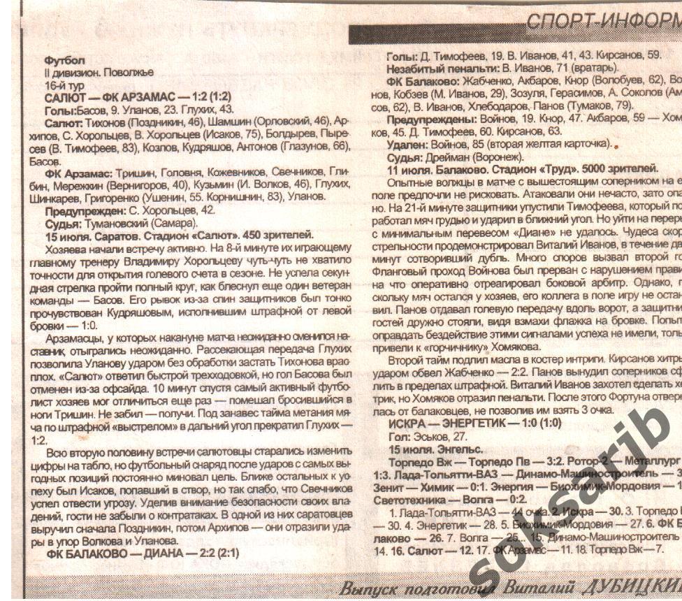 1999. Два газетных отчета Салют - ФК Арзамас и ФК Балаково - Диана Волжск.