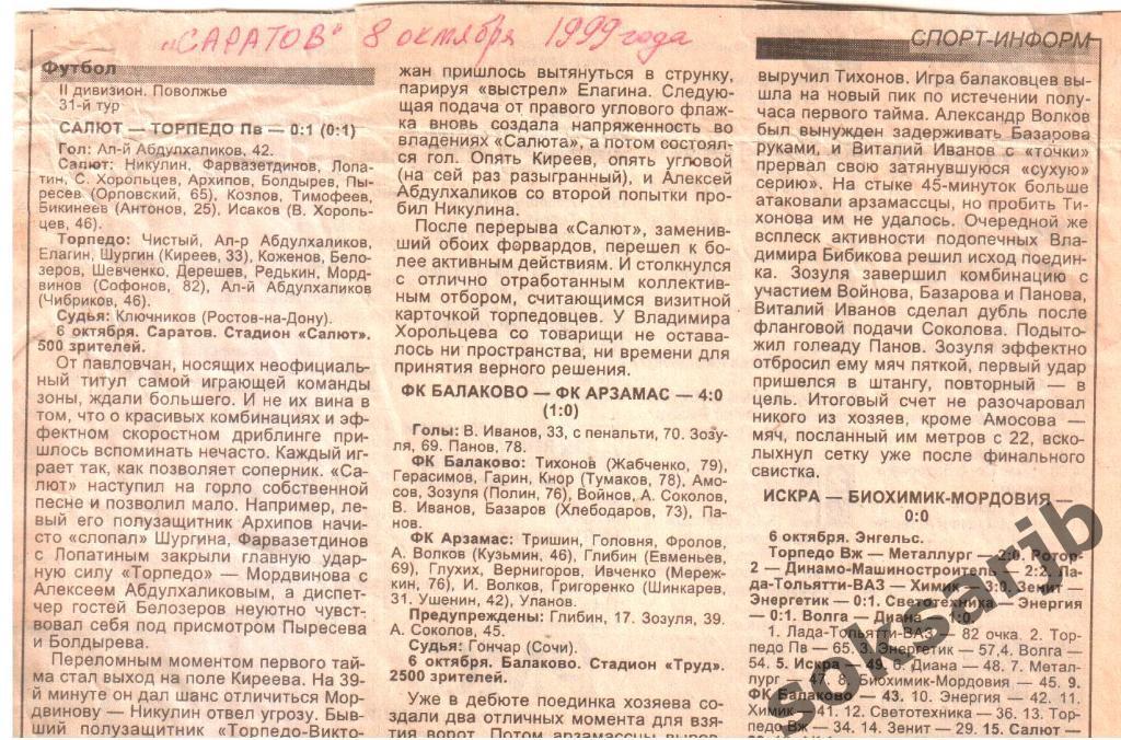 1999. Два газетных отчета Салют - Торпедо Павлово и ФК Балаково - ФК Арзамас.