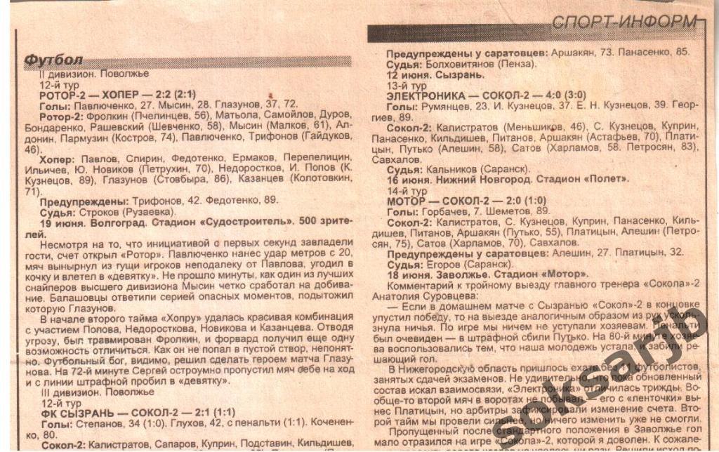 2000. Газетный отчет Ротор-2 - Хопер, ФК Сызрань - Сокол-2, Электроника-Сокол-2.