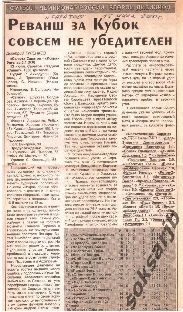 2000. Газетный отчет Салют Саратов - Искра Энгельс.