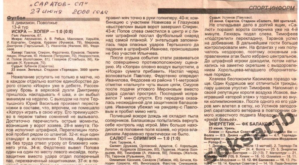 2000. Два газетных отчета Искра-Хопер Балашов, Салют - Олимпия Волгоград