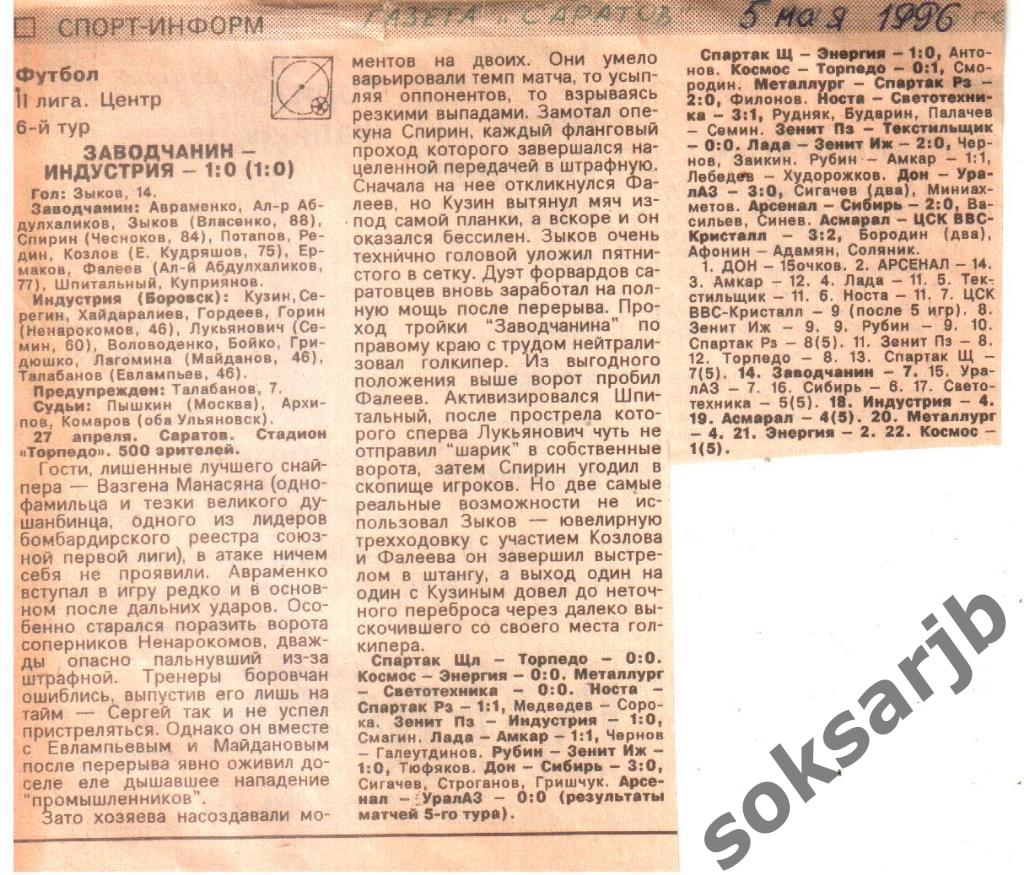 1996.04.27. Газетный отчет Заводчанин Саратов - Индустрия Обнинск