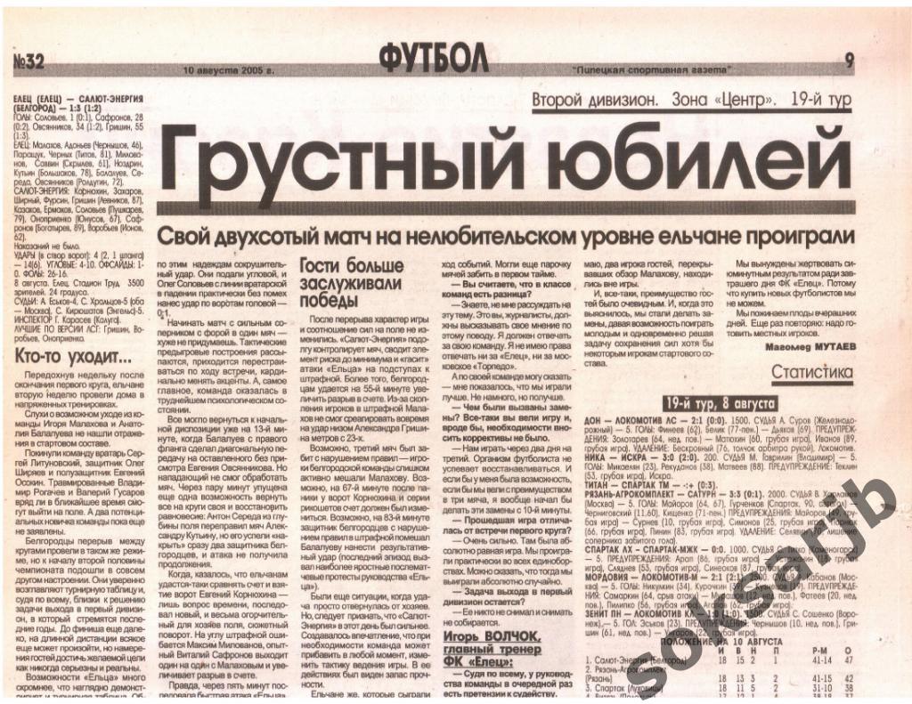 2005. Газетный отчет ФК Елец - Салют-Энергия Белгород.