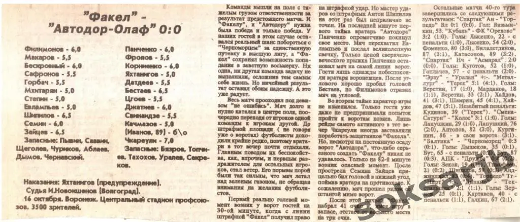 1993. Газетный отчет Факел-Воронеж - Автодор-ОЛАФ Владикавказ.