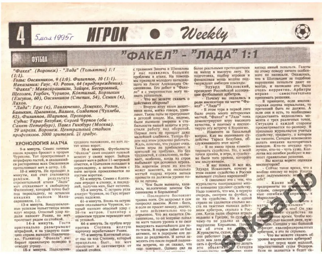 1995. Газетный отчет. Факел Воронеж - Лада Тольятти.